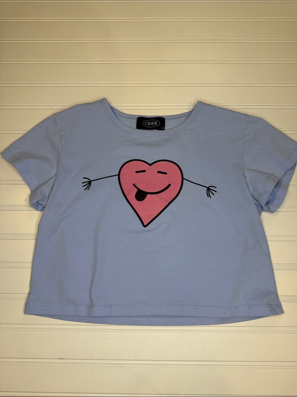 Cider Baby Blue Graphic Stretchy Crop Top w/ Heart Smiley Face with tongue-Small